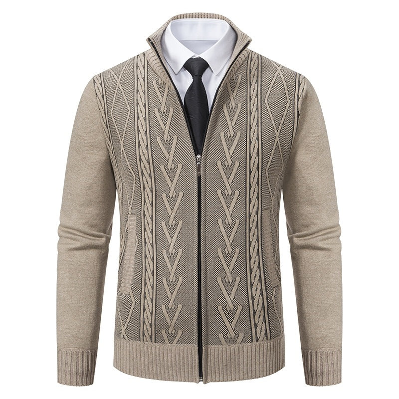Men's fine-knit zip jacket with geometric jacquard pattern, stand-up collar, and side pockets Hudson & Parker