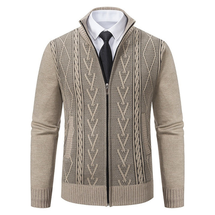 Men's fine-knit zip jacket with geometric jacquard pattern, stand-up collar, and side pockets Hudson & Parker