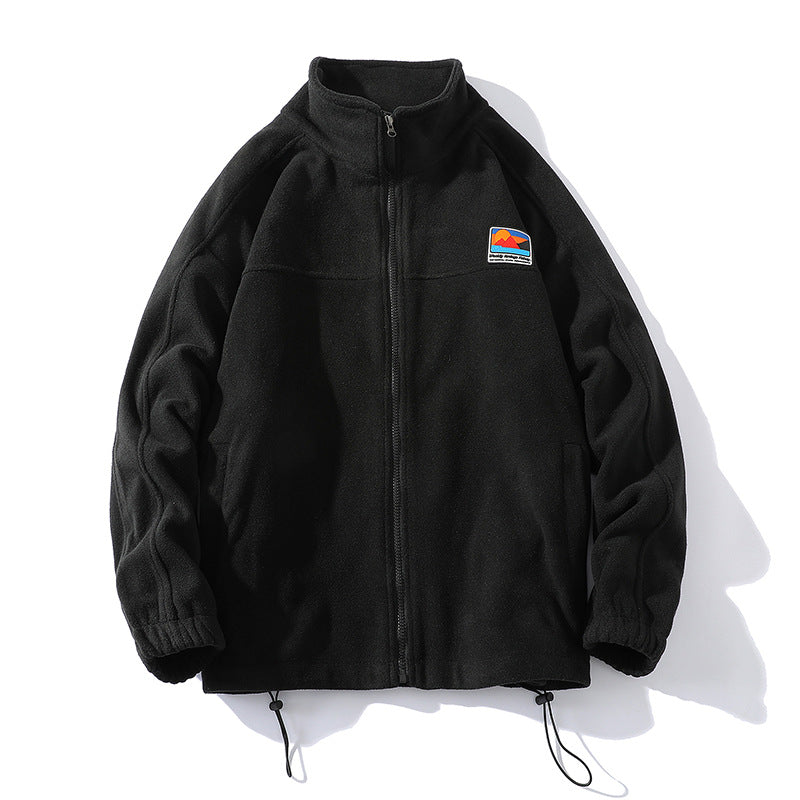 Men's fleece jacket with stand-up collar, full zip, elastic drawstring, and badge patch Hudson & Parker