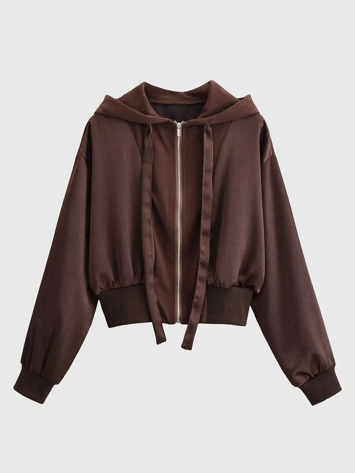 Ladies Cropped Hoodie Jacket with full zip, wide hood and shaping ribbed hem Hudson & Parker
