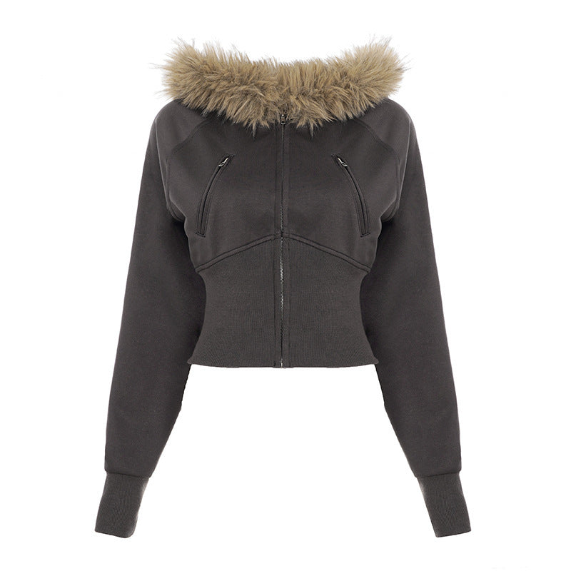 Women's short cut hoodie with faux fur hood, zipper and fitted cuff Hudson & Parker