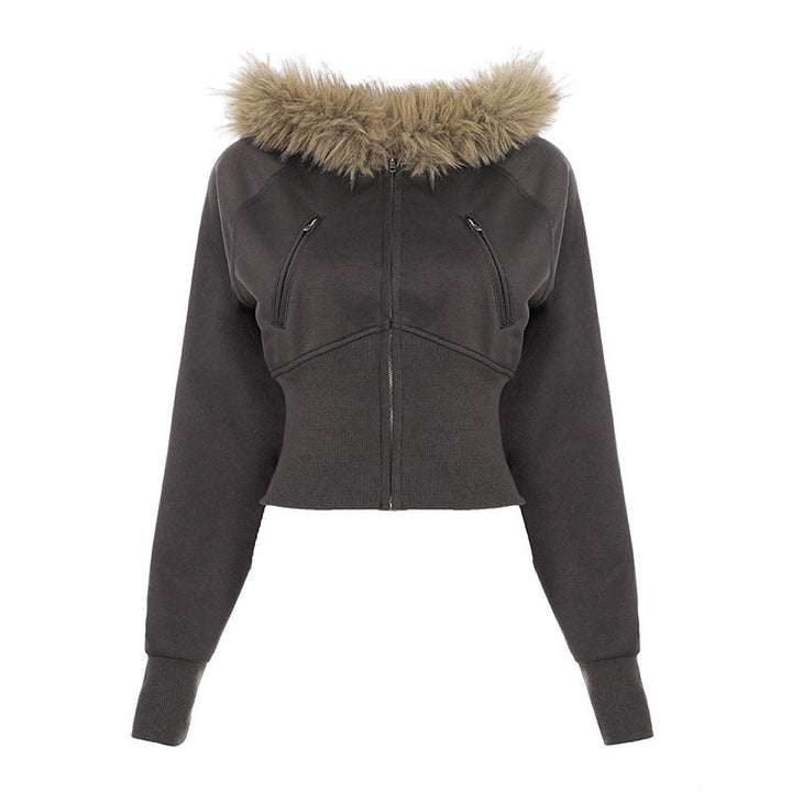 Women's short cut hoodie with faux fur hood, zipper and fitted cuff Hudson & Parker