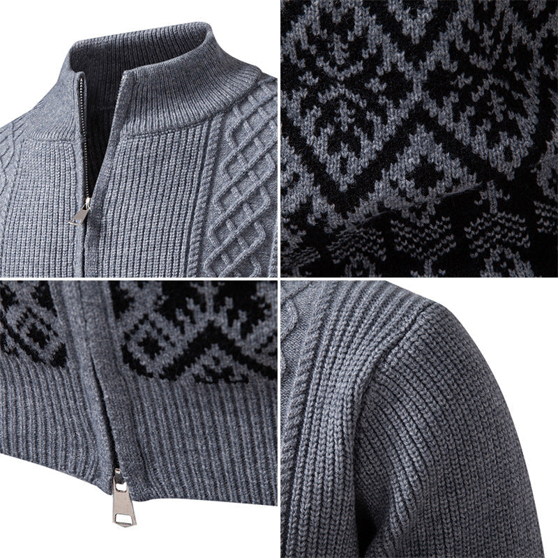 Men's High-Quality Norwegian Zip Cardigan with Cable Pattern and Stand-Up Collar Hudson & Parker