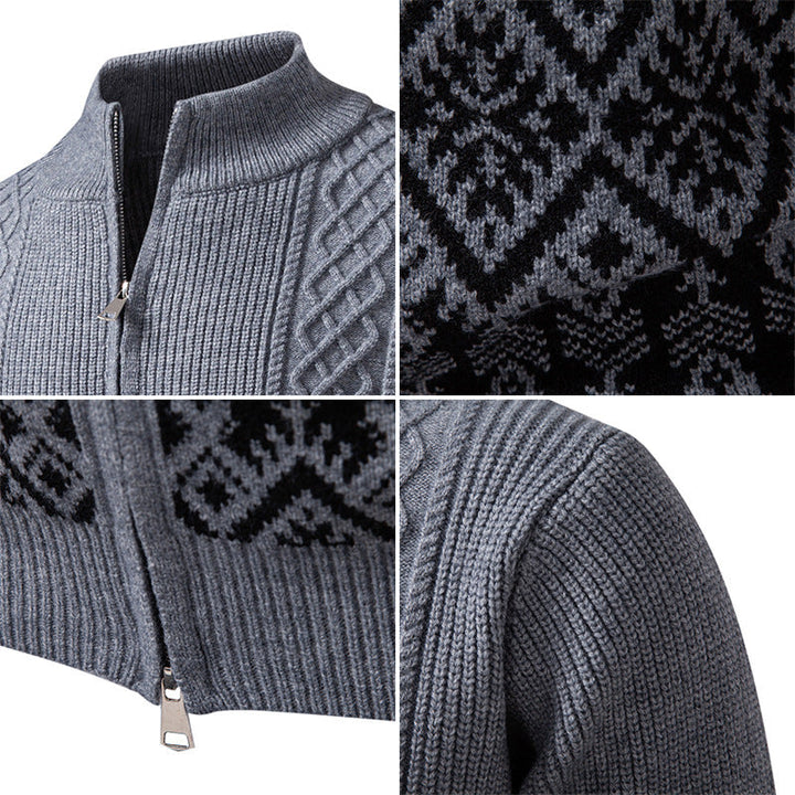 Men's High-Quality Norwegian Zip Cardigan with Cable Pattern and Stand-Up Collar Hudson & Parker