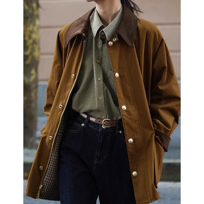 Men's short field coat with cord collar, snap button placket and patch pockets.