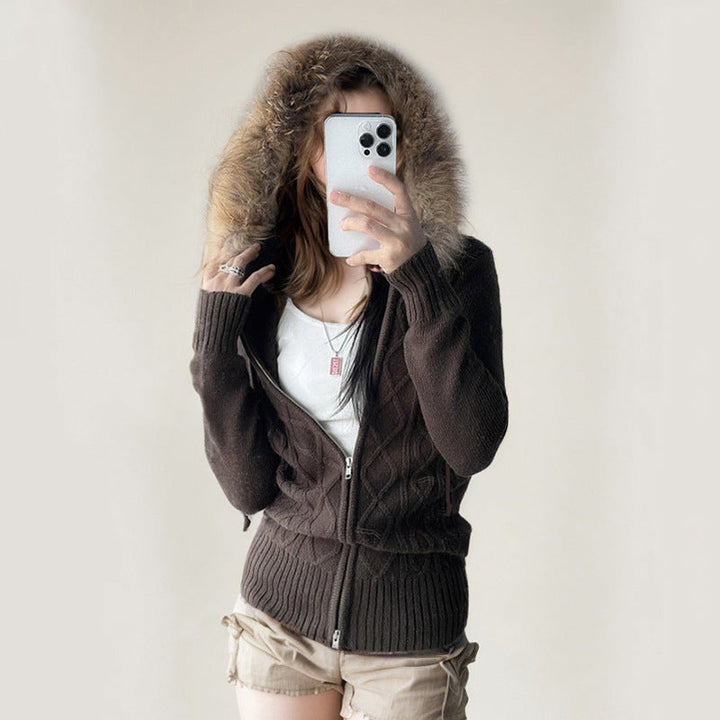 Women's short cut hoodie with faux fur hood, zipper and fitted cuff Hudson & Parker