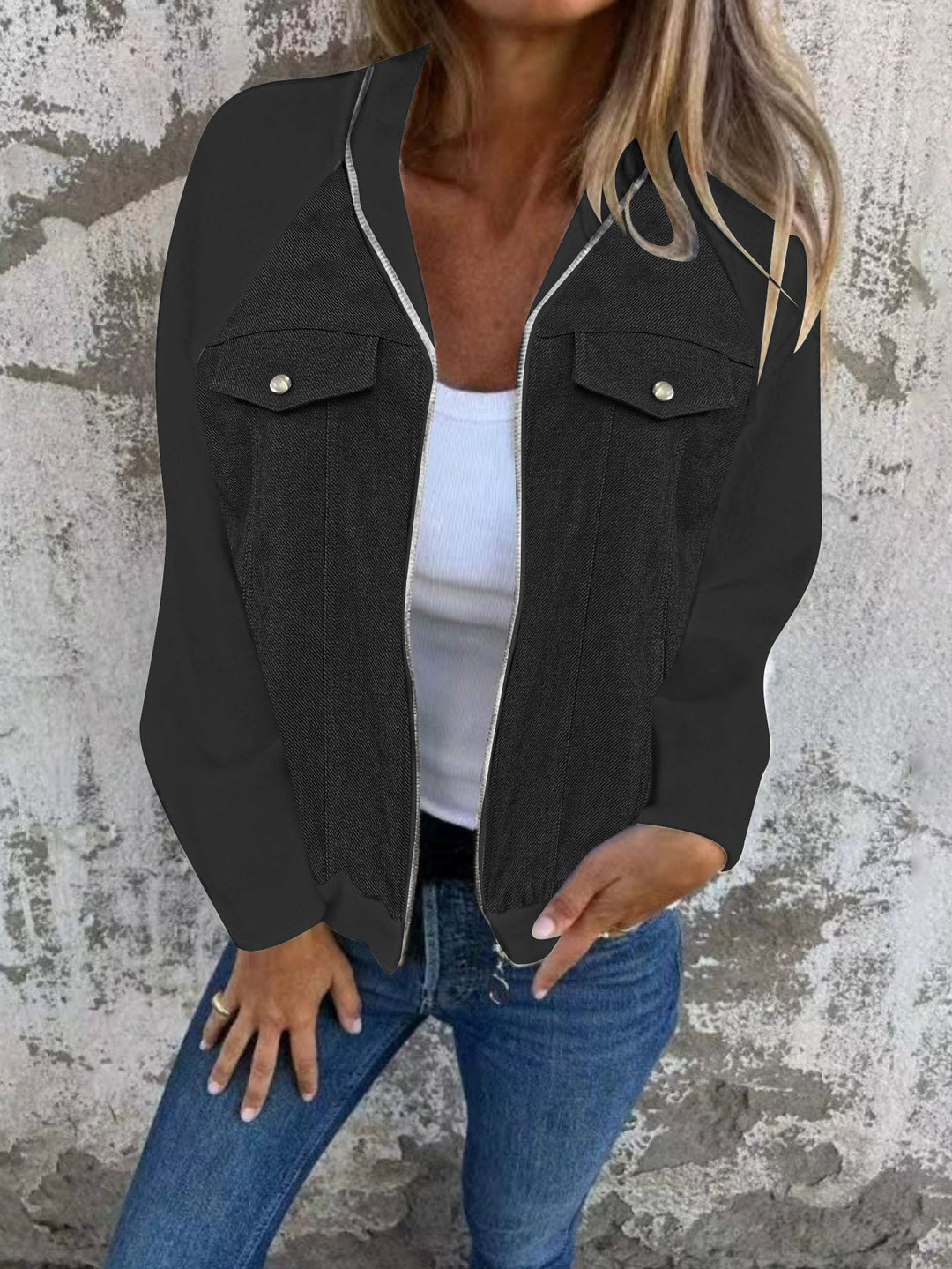 Women's Hooded Sweat Jacket with Denim Look Front, Chest Pockets and Zipper Hudson & Parker Fashion