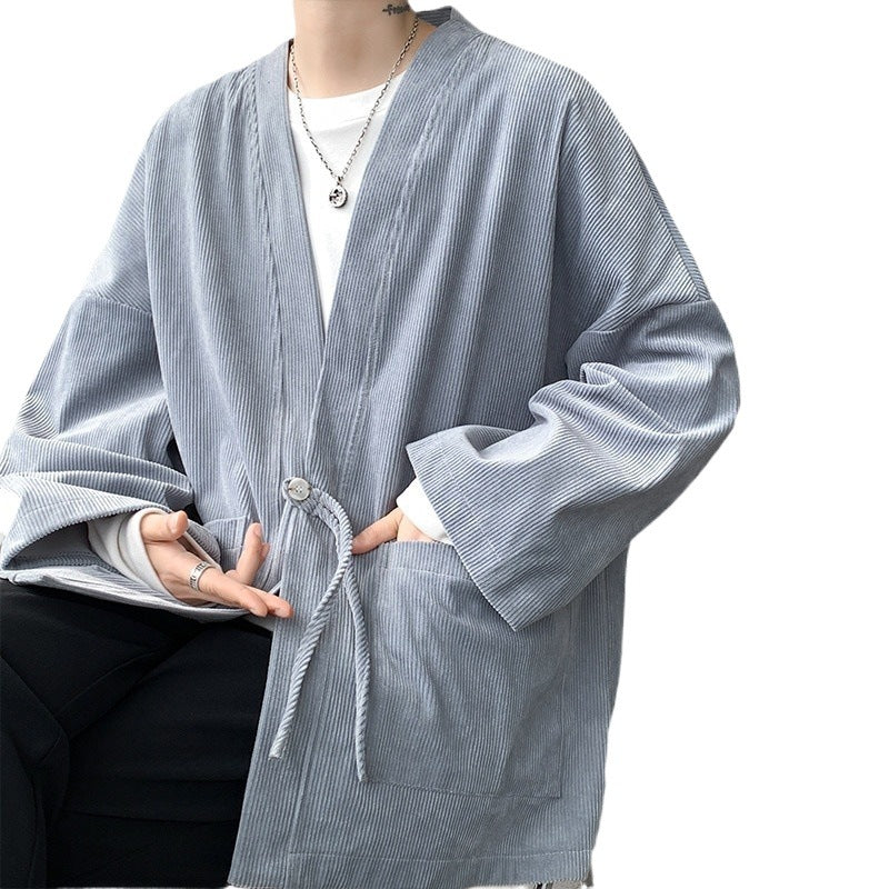 Men's oversized cord kimono cardigan with drawstring, patch pockets and drop sleeves Hudson & Parker