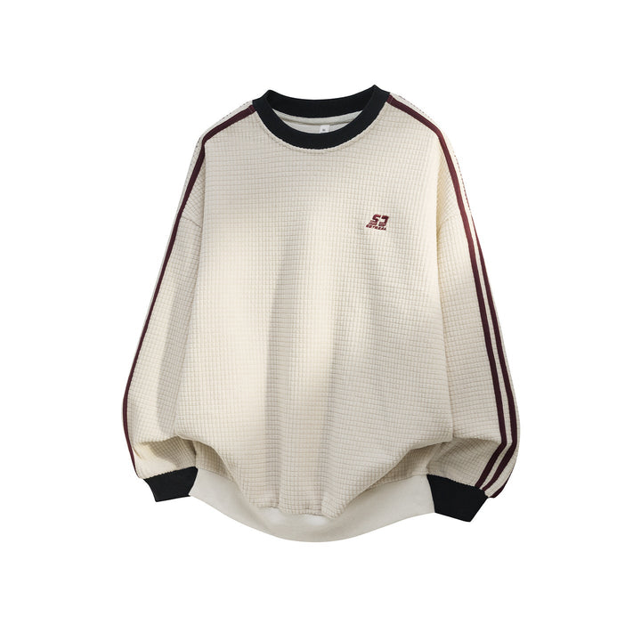 Unisex Oversized Sweatshirt with Waffle Structure, Contrast Stripes on Sleeves and Ribbed Cuffs Hudson & Parker