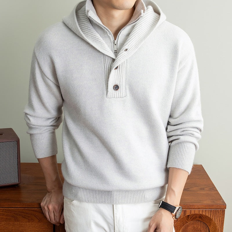 Men's fine knit hooded pullover with half zipper and button placket Hudson & Parker