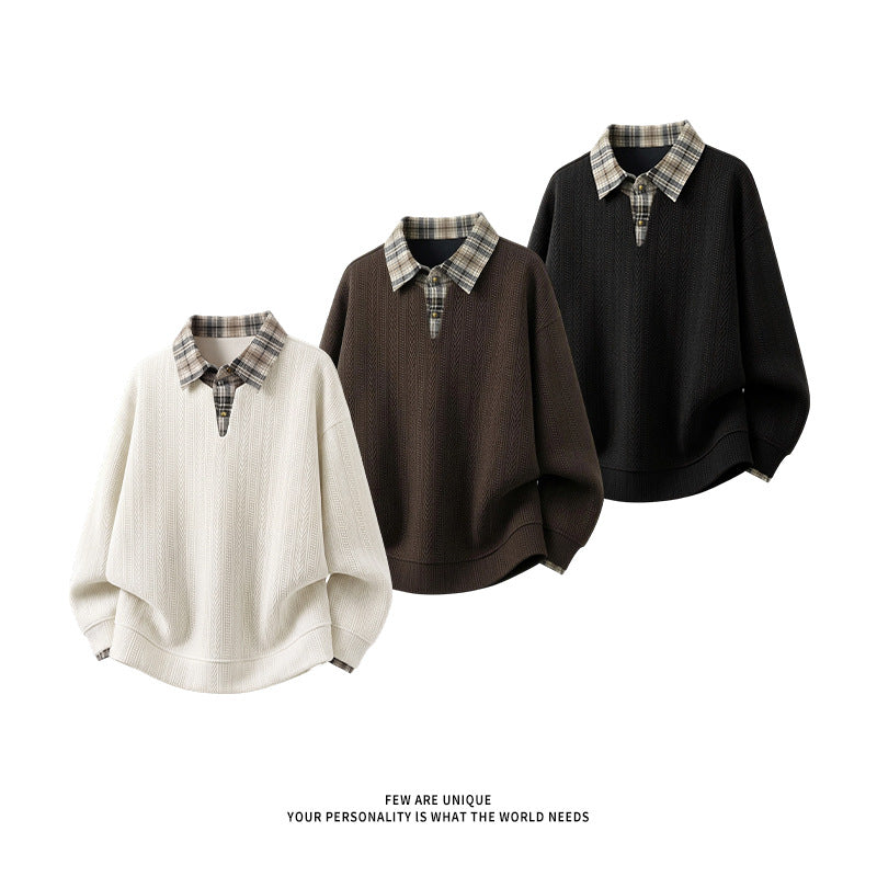 Men's layered look pullover with integrated check shirt collar Hudson & Parker