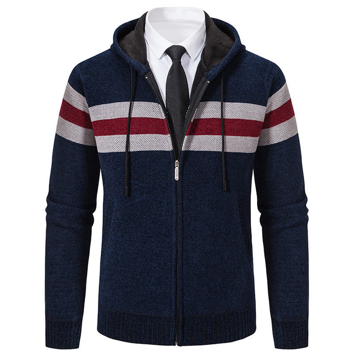 Men's Knitted Hooded Cardigan with Contrast Stripes and Zipper Hudson & Parker