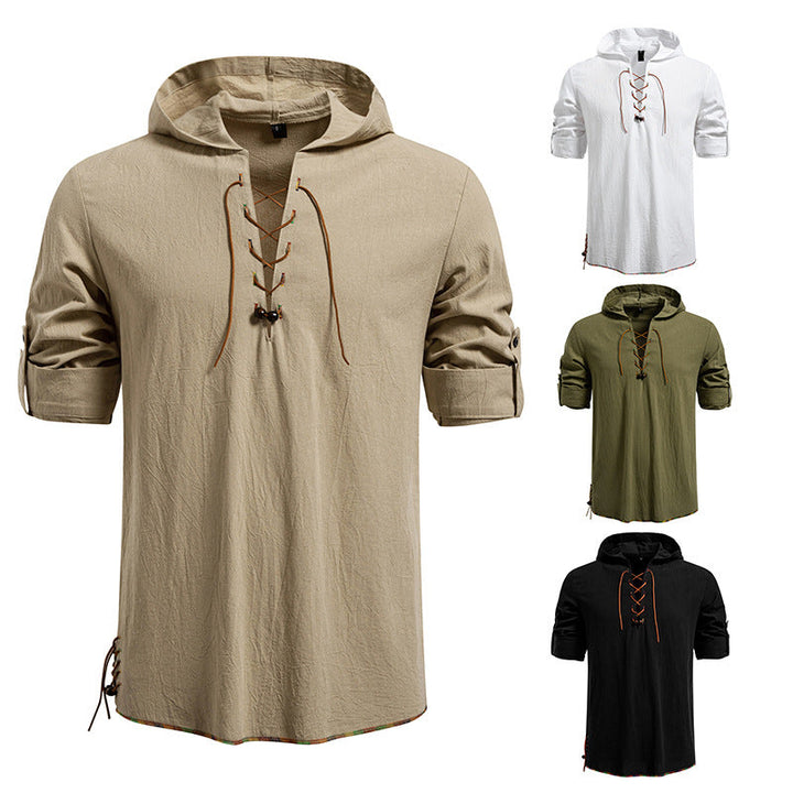 Men's Lightweight Hoodie Shirt with Decorative Lacing, Short Sleeve and Longline Cut Hudson & Parker