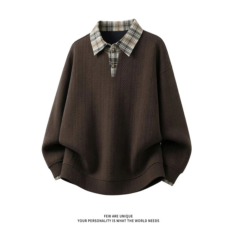 Men's layered look pullover with integrated check shirt collar Hudson & Parker