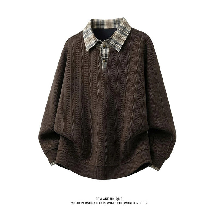 Men's layered look pullover with integrated check shirt collar Hudson & Parker