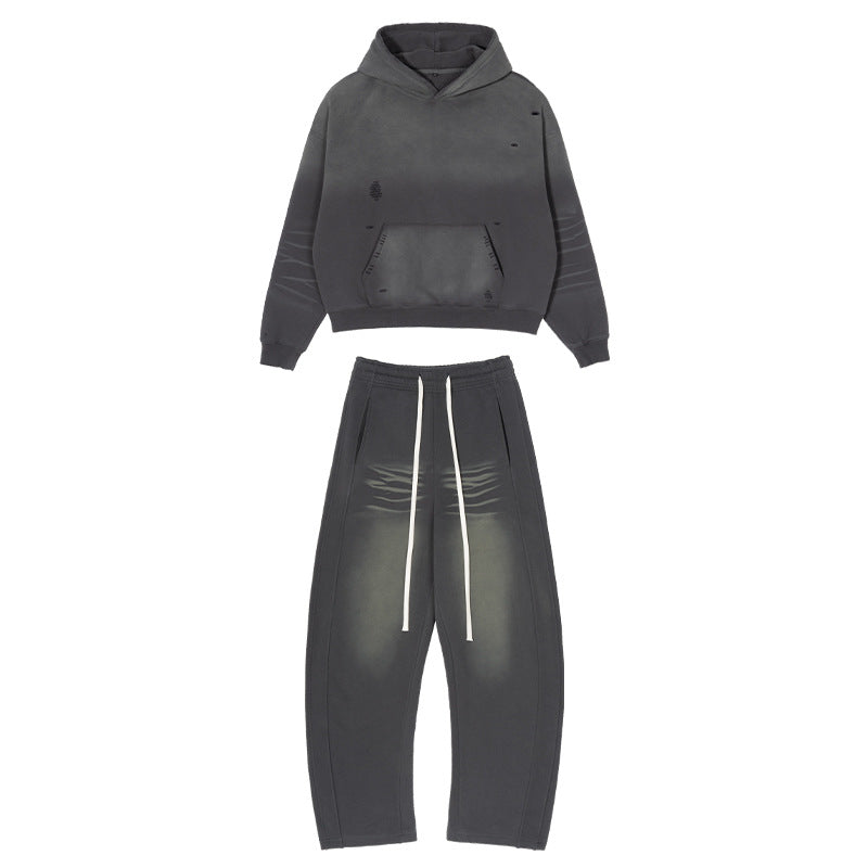 Men's Loose Distressed Sweatset with Cropped Hoodie and Baggy Jogging Pants Hudson & Parker