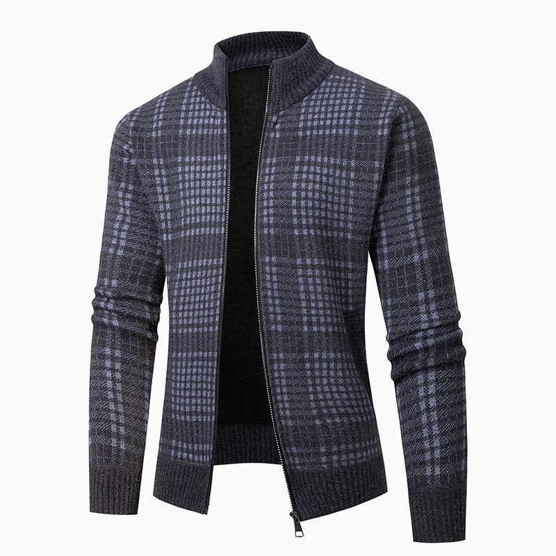 Men's fine knit zip cardigan with glencheck pattern, stand-up collar and two-way zipper Hudson & Parker