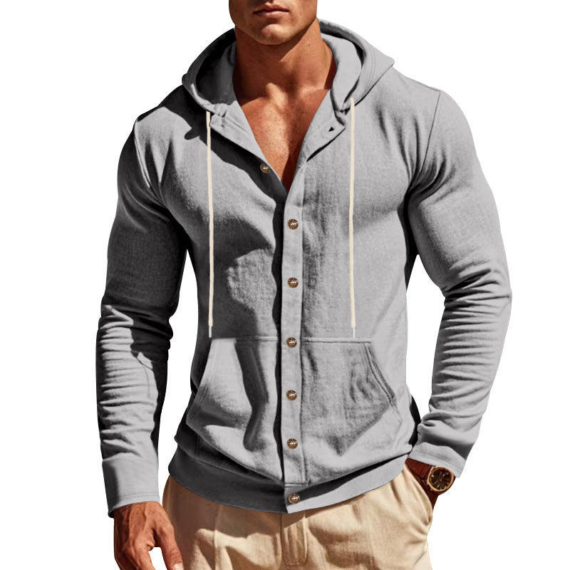 Men's lightweight hoodie cardigan with full button placket, slim fit and kangaroo pocket Hudson & Parker