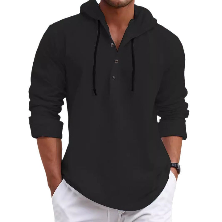 Men's summer hoodie henley with hidden button placket, drawstring and rounded hem Hudson & Parker