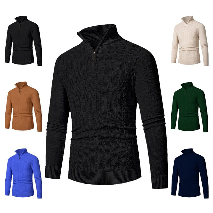 Men's Slim Fit Half-Zip Structured Pullover made of Merino Blend with Cable Knit Pattern and Stand-Up Collar Hudson & Parker