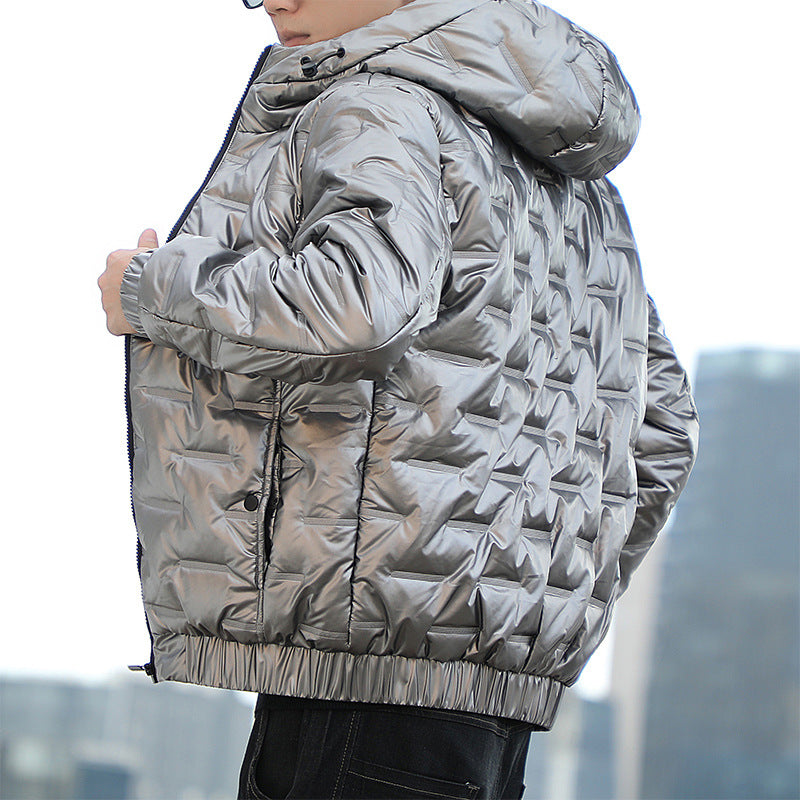 Men's Lightweight Quilted Hooded Puffer Jacket with Shiny Surface and Elastic Cuffs Hudson & Parker