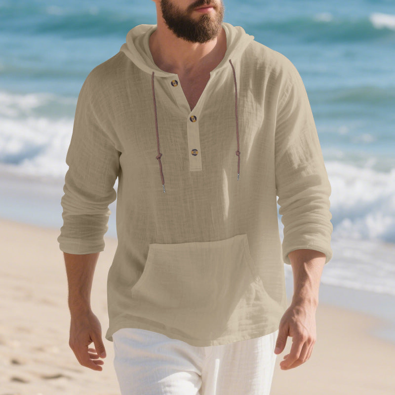 Men's lightweight hooded henley made of linen- blend with kangaroo pocket and button placket Hudson & Parker