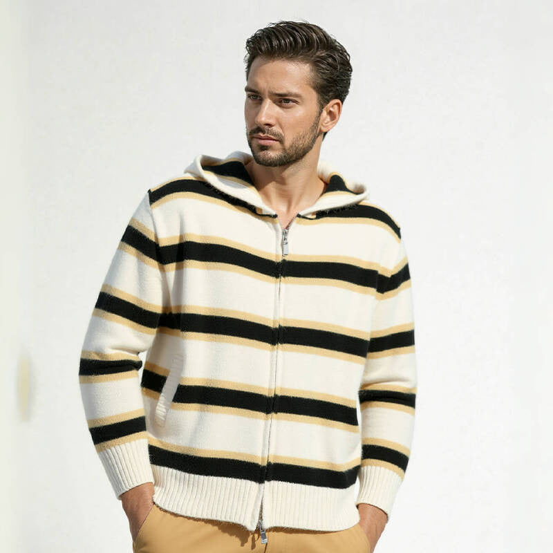 Men's Striped Knit Hoodie with Full Zipper and Ribbed Cuffs Hudson & Parker