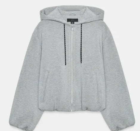 Women's Cropped Hooded Sweat Jacket in Bomber Style with Balloon Sleeves Hudson & Parker