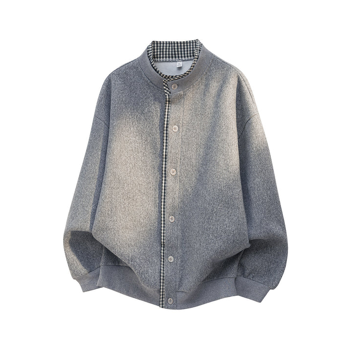 Unisex Oversize Blend Cardigan Jacket with Check Trim and Stand-Up Collar Hudson & Parker