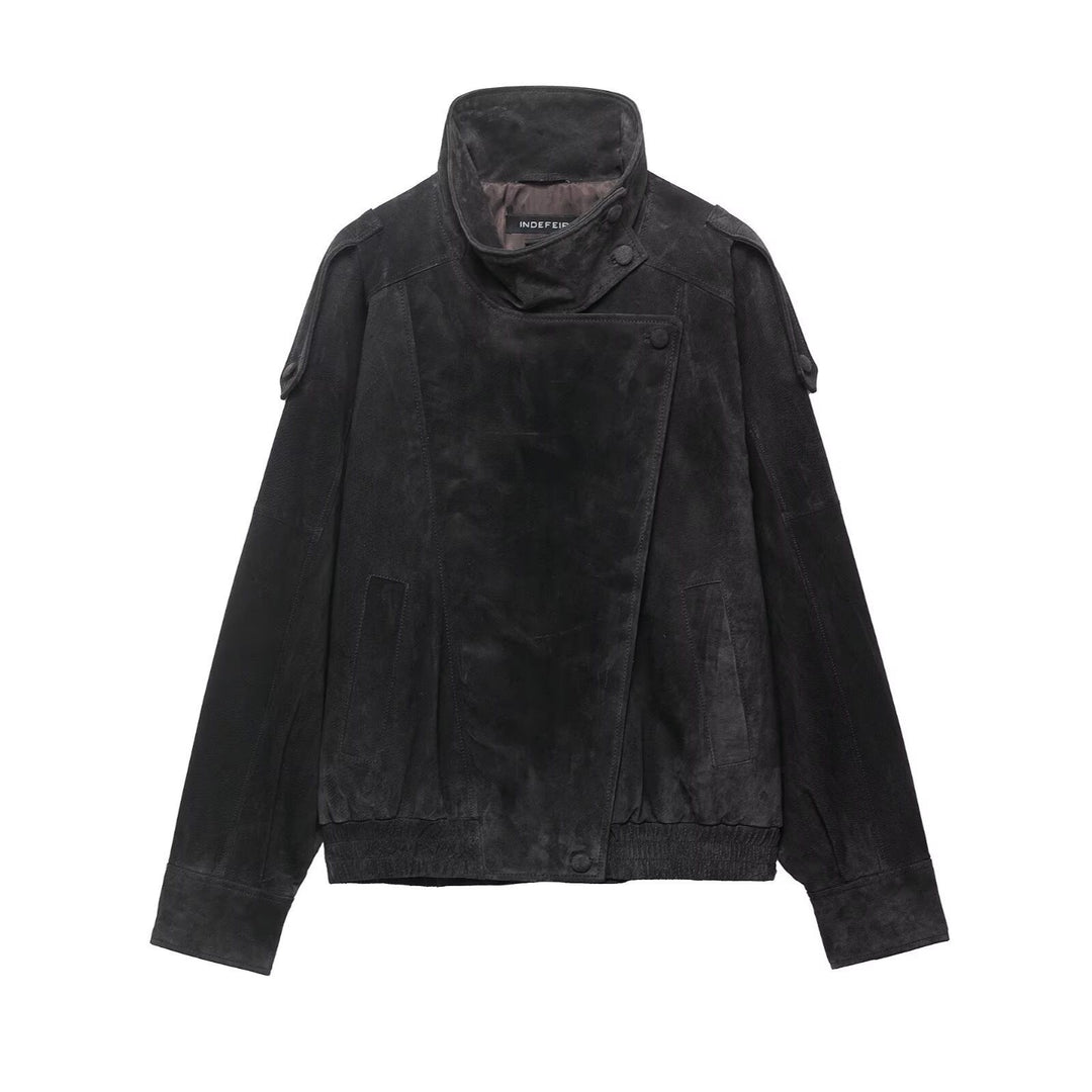 Men's suede jacket with high stand collar, asymmetrical button placket, and elastic hem Hudson & Parker