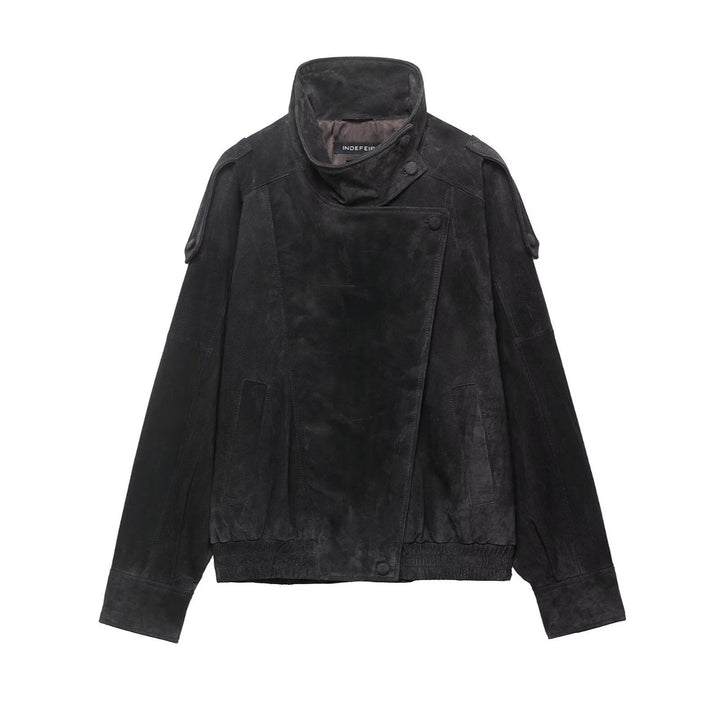 Men's suede jacket with high stand collar, asymmetrical button placket, and elastic hem Hudson & Parker