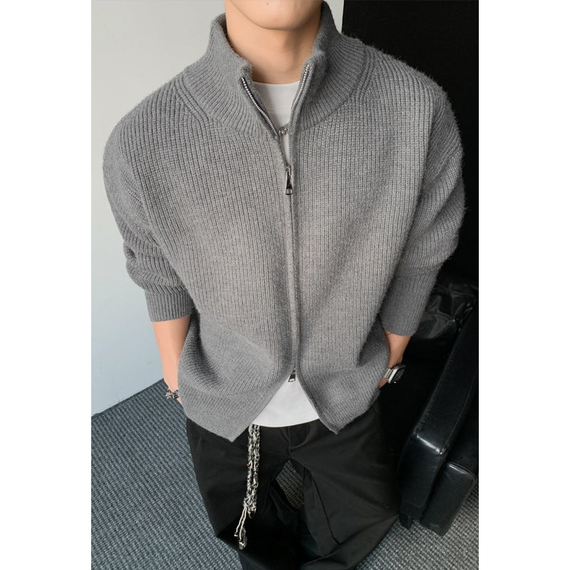 Men's chunky knit zip jacket with stand-up collar and straight oversized fit Hudson & Parker