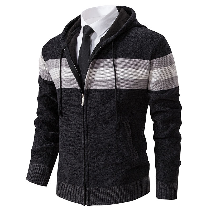 Men's Knitted Hooded Cardigan with Contrast Stripes and Zipper Hudson & Parker