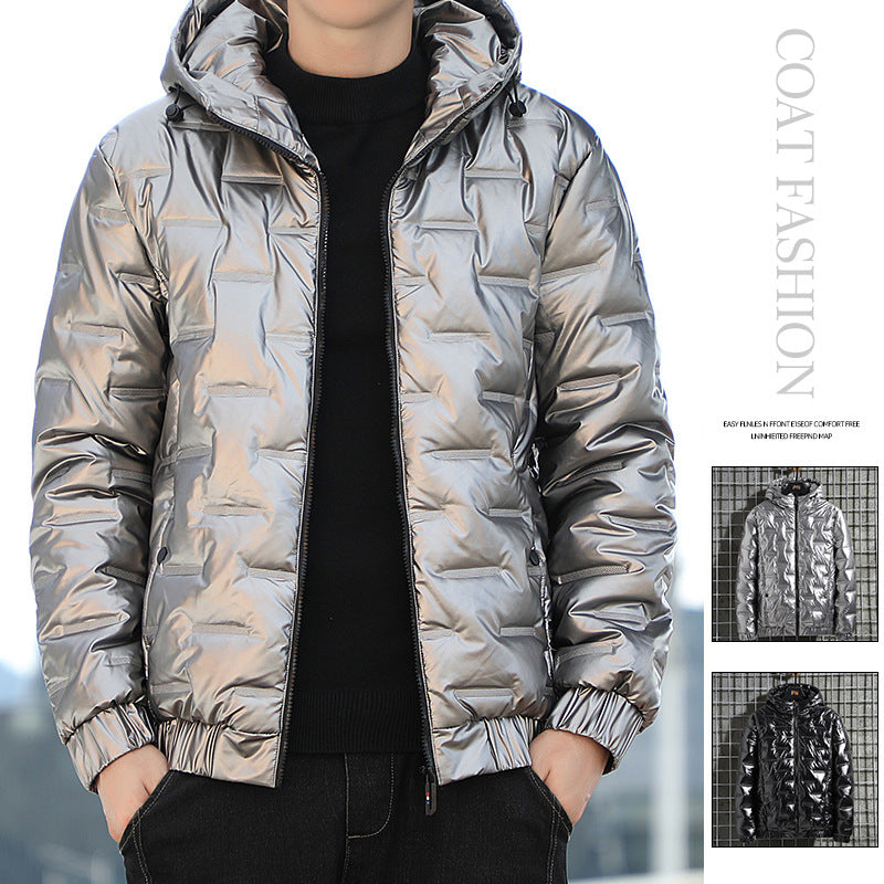 Men's Lightweight Quilted Hooded Puffer Jacket with Shiny Surface and Elastic Cuffs Hudson & Parker