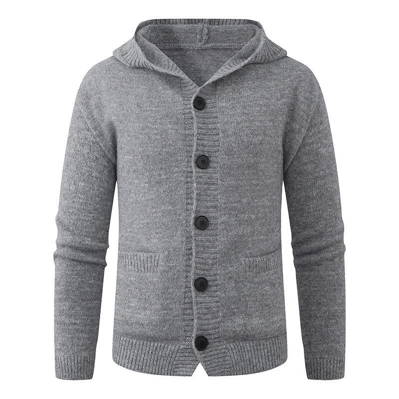 Men's hooded knitted cardigan made of thermal fine knit with a continuous button placket and side pockets Hudson & Parker