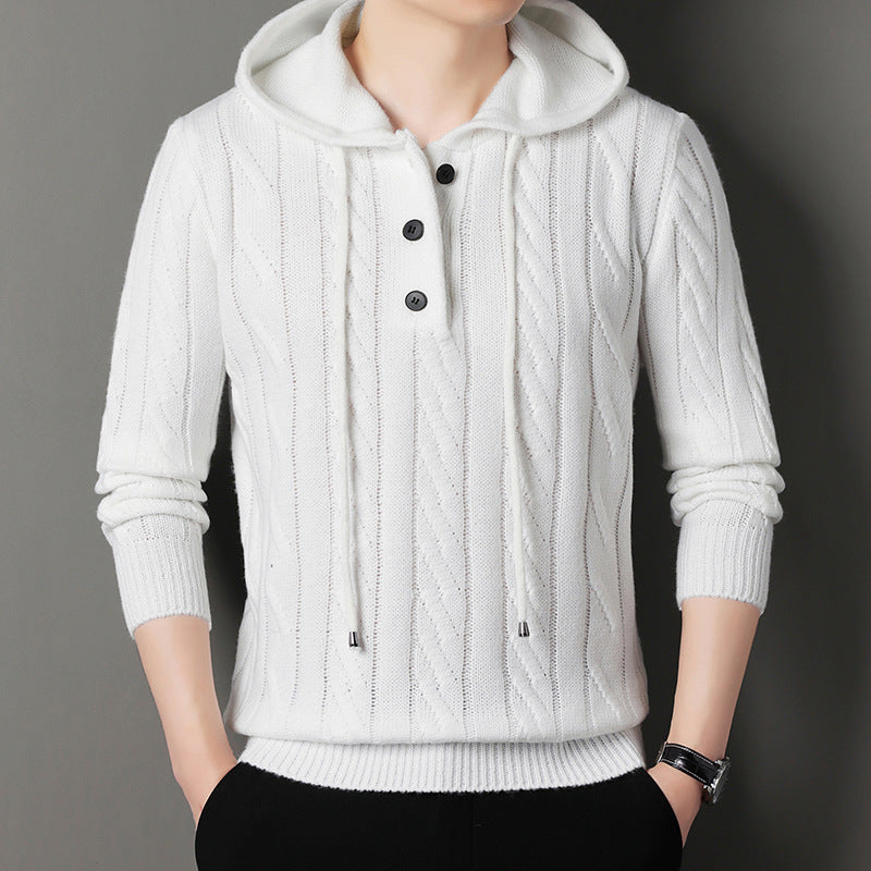 Men's fine knit hoodie with cable pattern, half placket and drawstring Hudson & Parker