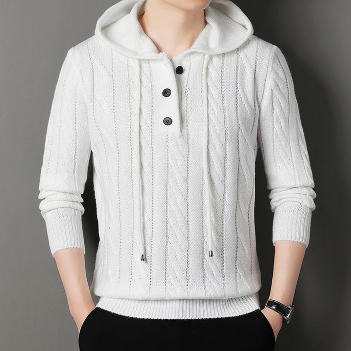 Men's fine knit hoodie with cable pattern, half placket and drawstring Hudson & Parker