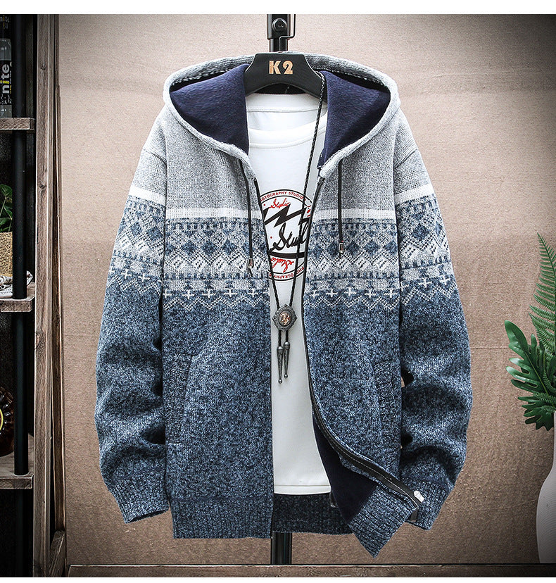 Men's Hooded Knitted Zip Jacket with Norwegian Jacquard and Soft Lining Hudson & Parker