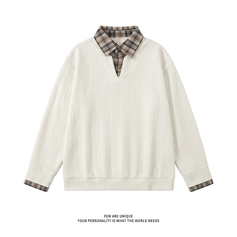 Men's layered look pullover with integrated check shirt collar Hudson & Parker
