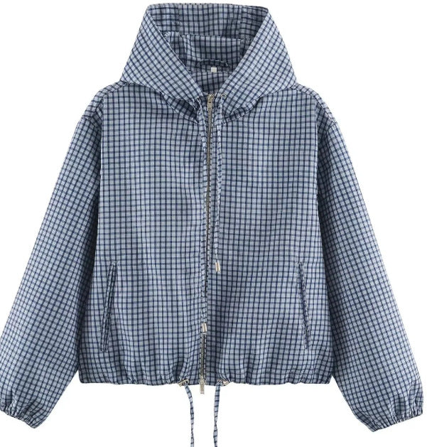 Women Checked Cropped Hoodie with Drawstring Hem and Two-Way Zip Hudson & Parker