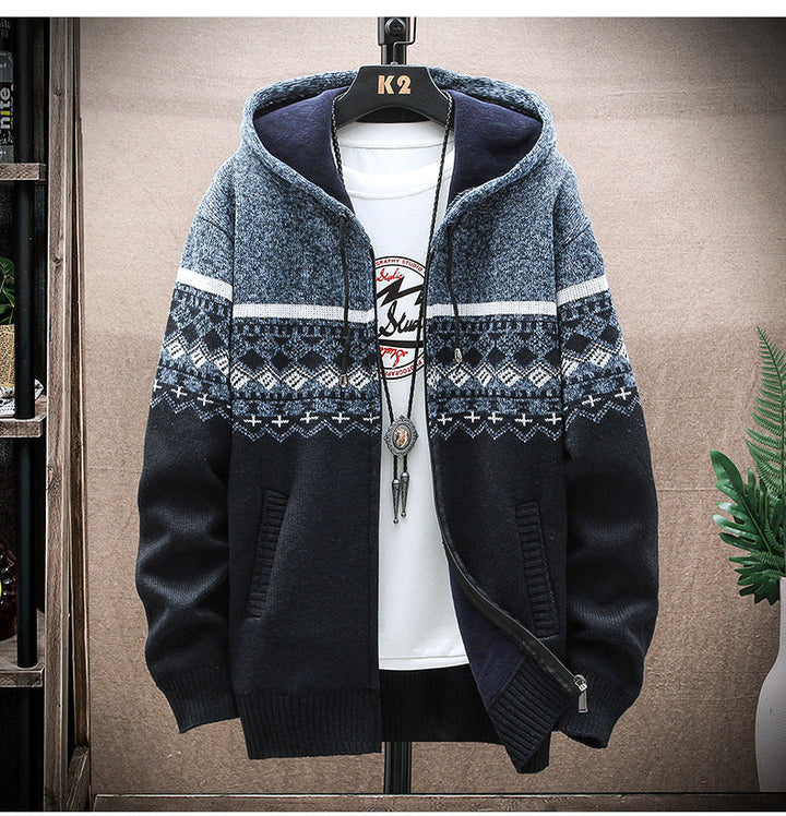 Men's Hooded Knitted Zip Jacket with Norwegian Jacquard and Soft Lining Hudson & Parker