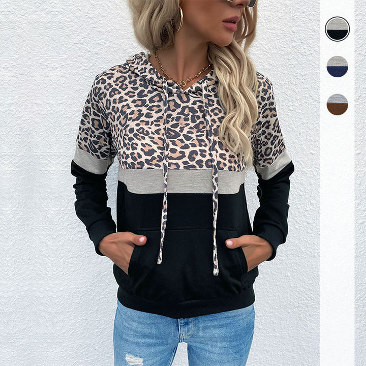 Women's hoodie with leopard print, color block insert and kangaroo pocket Hudson & Parker Fashion
