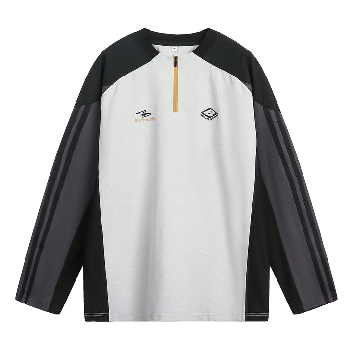 Unisex sporty oversized half-zip sweatshirt in retro track style with contrast panels and three-stripe sleeves Hudson & Parker
