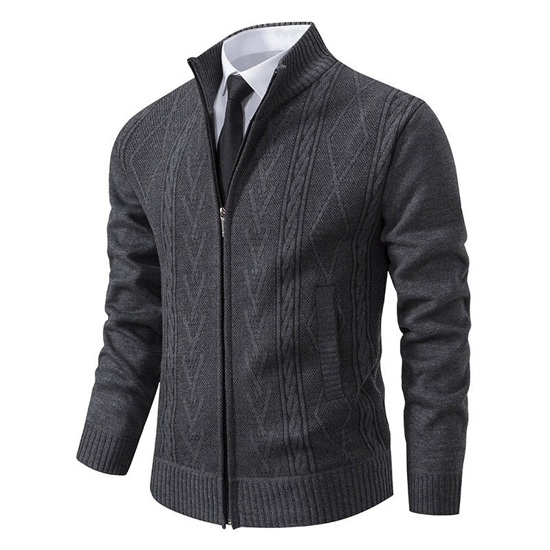 Men's fine-knit zip jacket with geometric jacquard pattern, stand-up collar, and side pockets Hudson & Parker