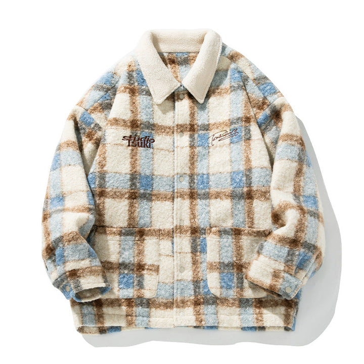 Unisex Cozy Teddy Fleece Shirt Jacket in Check Design with Snap Button Placket and Patch Pockets Hudson & Parker
