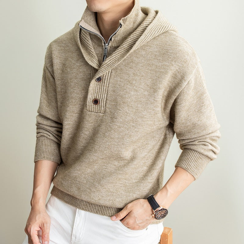 Men's fine knit hooded pullover with half zipper and button placket Hudson & Parker