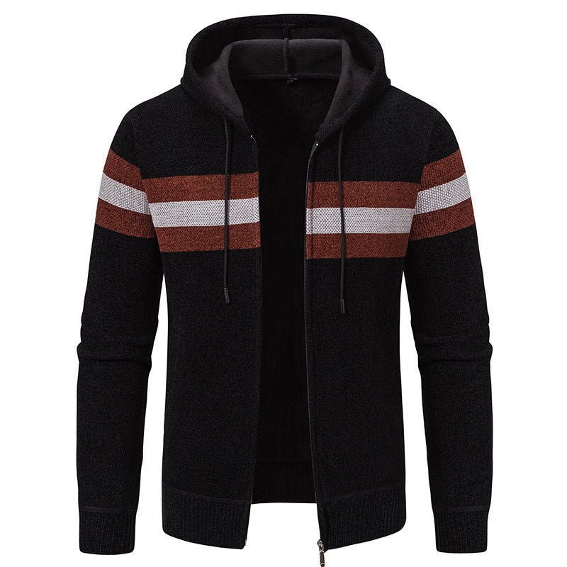 Men's hooded sweater jacket with full zip, contrast stripes, and side pockets Hudson & Parker