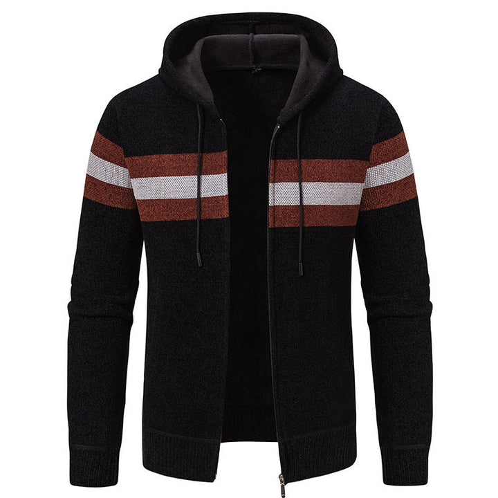 Men's hooded sweater jacket with full zip, contrast stripes, and side pockets Hudson & Parker
