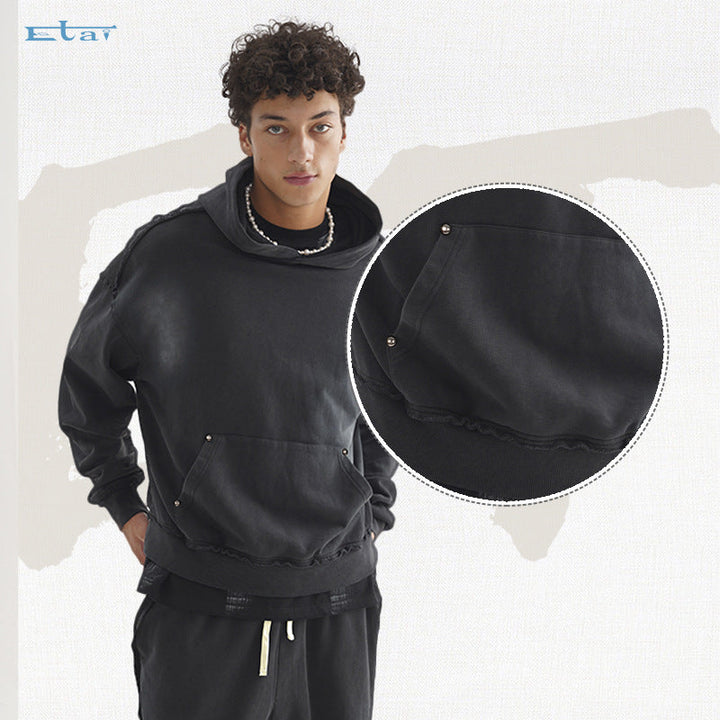 Unisex Oversized Hoodie with Frayed Hem, Kangaroo Pocket and Washed Bleach Effect Hudson & Parker