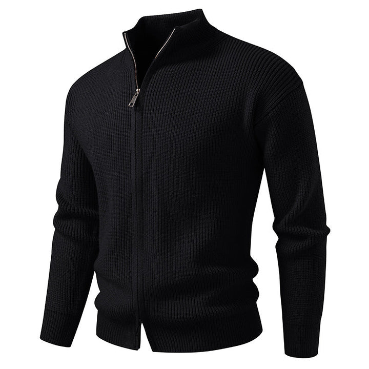 Men's Coarse Ribbed Zip Cardigan with High Cowl Neck and Concealed Seam Hudson & Parker